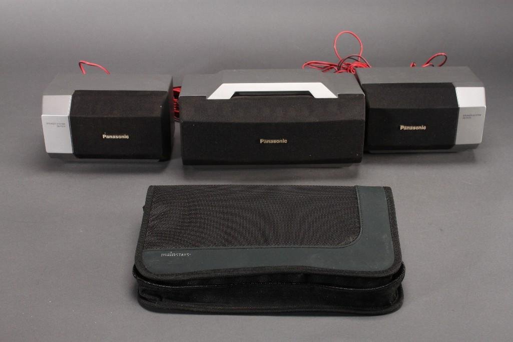 Panasonic Speakers and CD Holder: Mainstays CD holder with handle and zipper and Panasonic speaker system model no SB-PS70 (3 speakers).