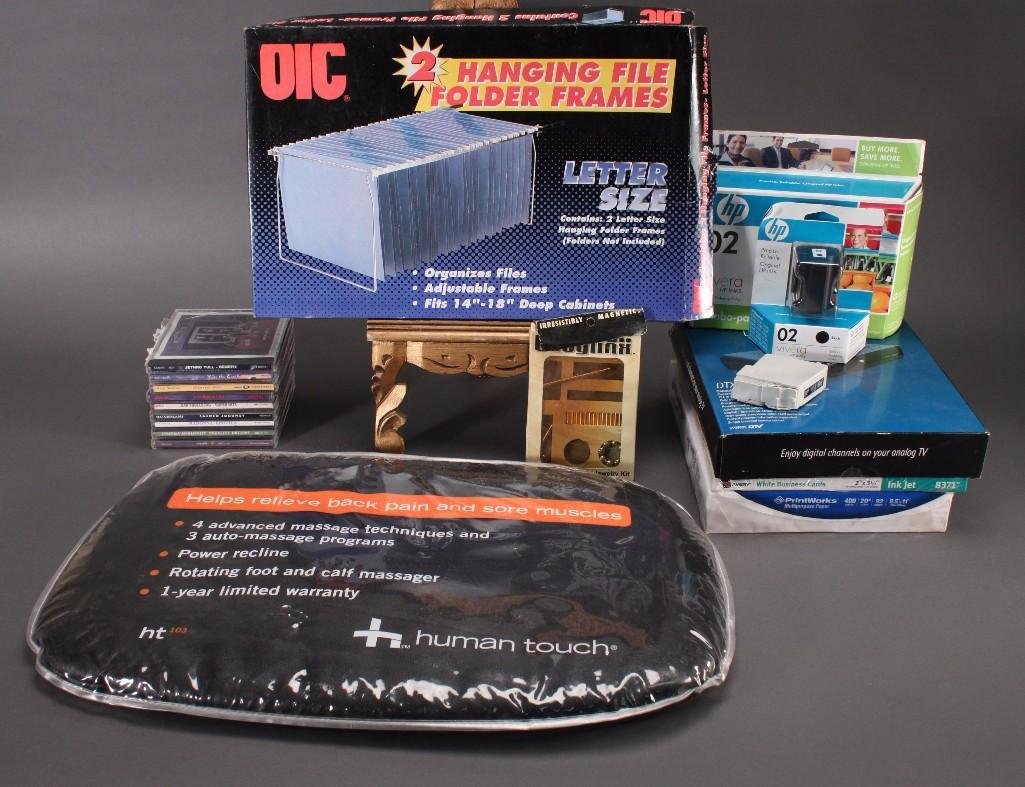 Office Supplies: Avery ink jet white business cards, Printworks multi purpose paper, HP 02 black ink,hanging file frames, DTV converter box, and much more.