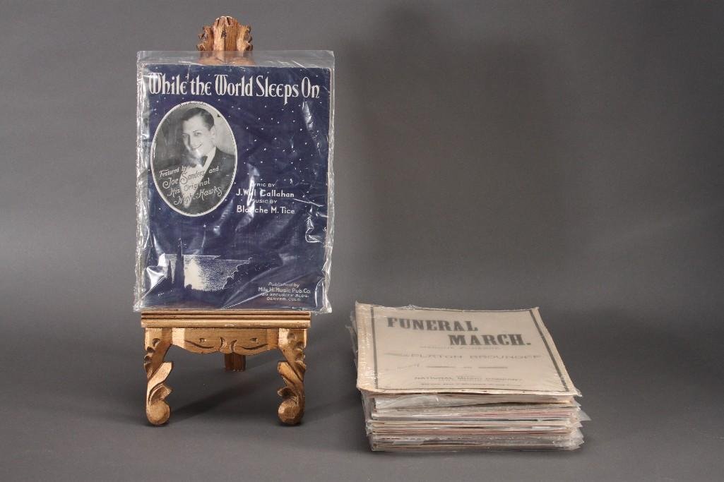 Sheet Music: Titles include While the World Sleeps On , Funeral March, Some Sunday Morning, Narcissus, Melody of Love, Maybe its Because, Sleepy Head, and much more. Items are in good condition.
