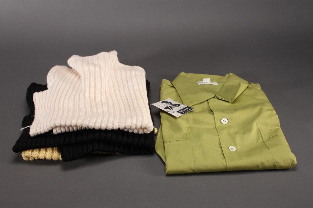 Ladies Vintage Clothing (4): Three wool Beboppers (black, yellow, and tan) two are NWT size s and a green Maurice Rothschild & co button up shirt new size M.