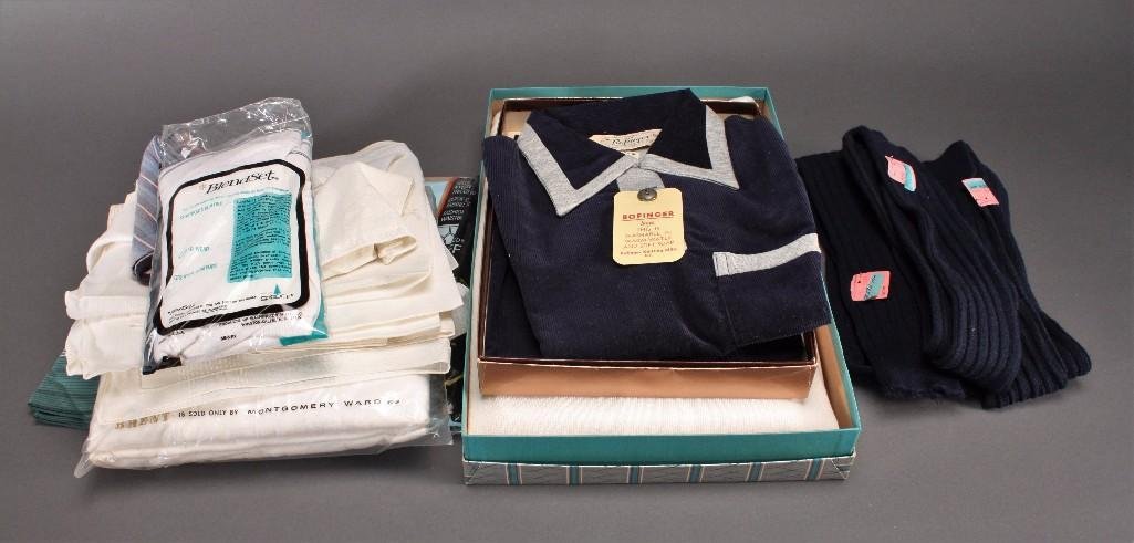 Vintage Clothing and Accessories: Two BofingerKnitting Mills shirts size 8 (boys), Raglan sleeve Mayo Spruce sweatshirt size L (mens), three pair of mens dress socks, Jockey two pair of Nylon briefs size 38, and more.