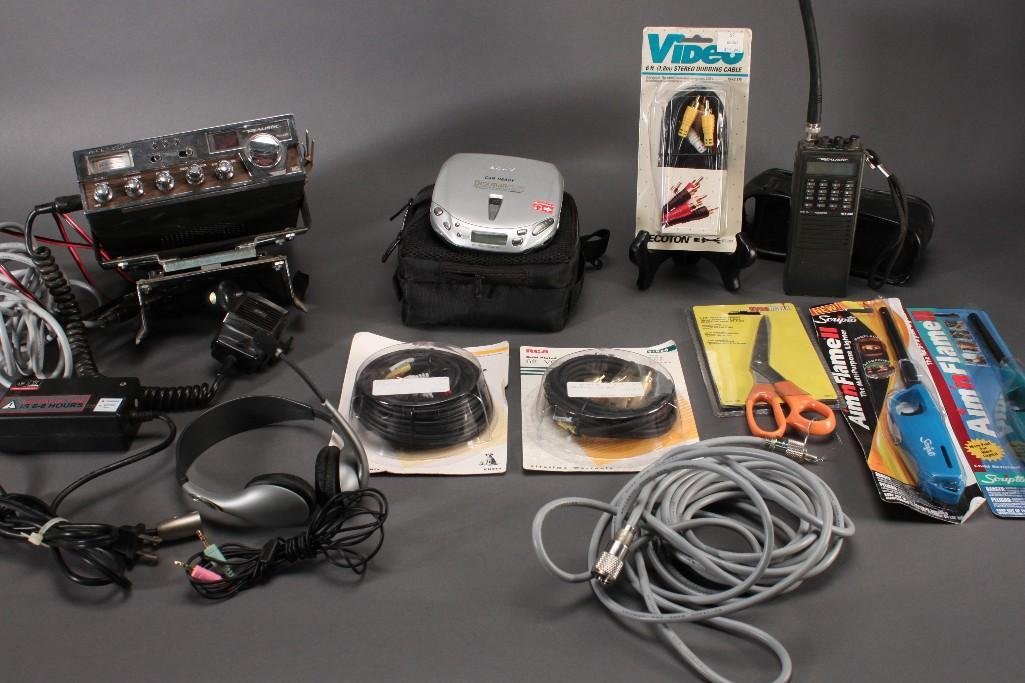 Electronics and Cords: Realistic 40 channel citizens band transceiver, scissors, 12ftgold plated stereo cable, Sony Walkman, 6ft stereo dubbing cable, and much more.