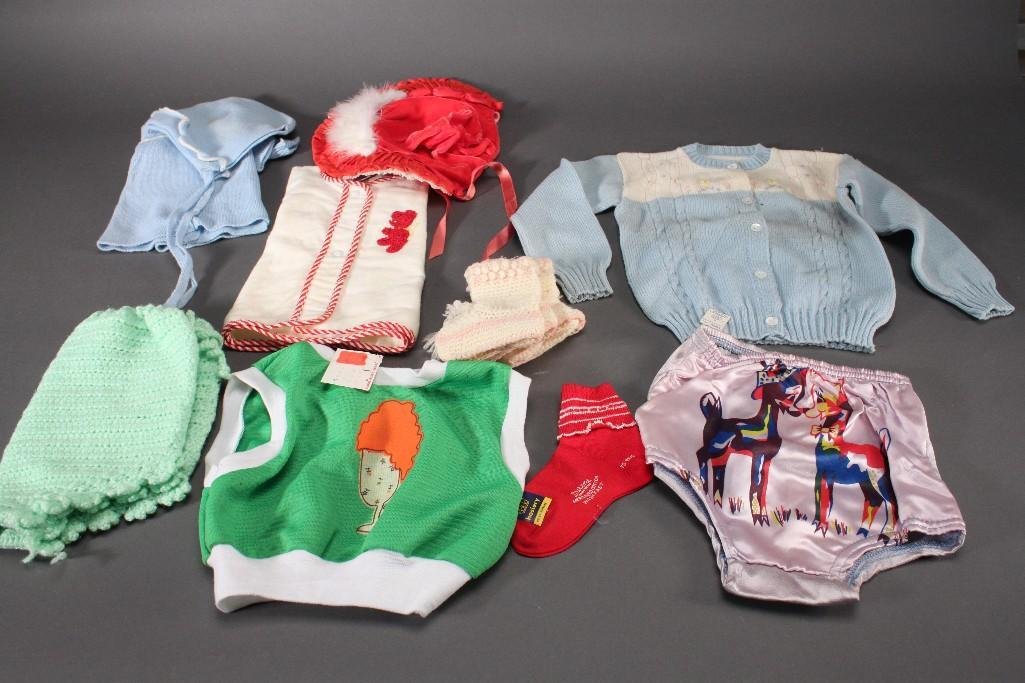 Children's Vintage Clothing: Red and white hat size 13, Cal-rexred girls socks size 70 gauge, floral design sweater size 2, green knitted diaper cover, silk diaper cover, and more.