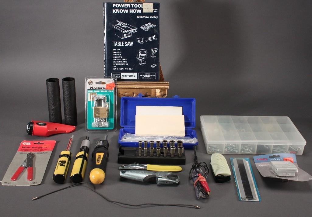 Assorted Tools and Hardware: Master Lock Brass lock, Timex guide light, screwdrivers, Bit shooter, handy socket in case, compartment box with contents, thermometer, and more.