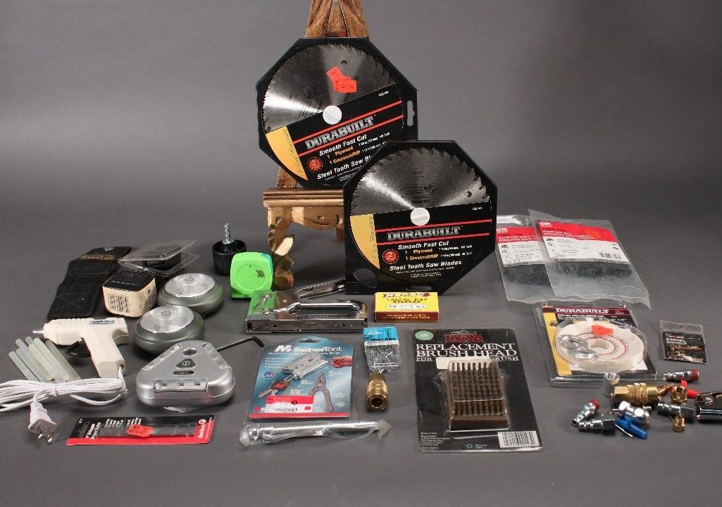 Hardware: Measuring tape, glue sticks, grill brush head, cable ties, staples, closet push lights, buffing and polishing pad, and more.
