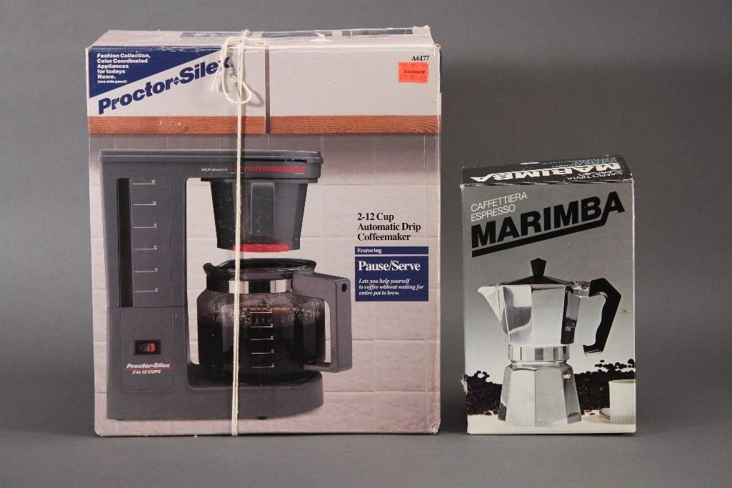 Coffee Maker (2): Marimba coffee maker and a Proctor Silex2-12 cup coffee maker. Both of them are new in original packaging.