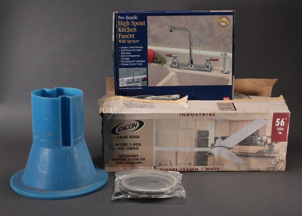 Kitchen Appliances (4): Encon industrial fan 56'' 3 blade design, two handle high spout kitchen faucet with sprayer, flexible stainless steel faucet connector, and more.
