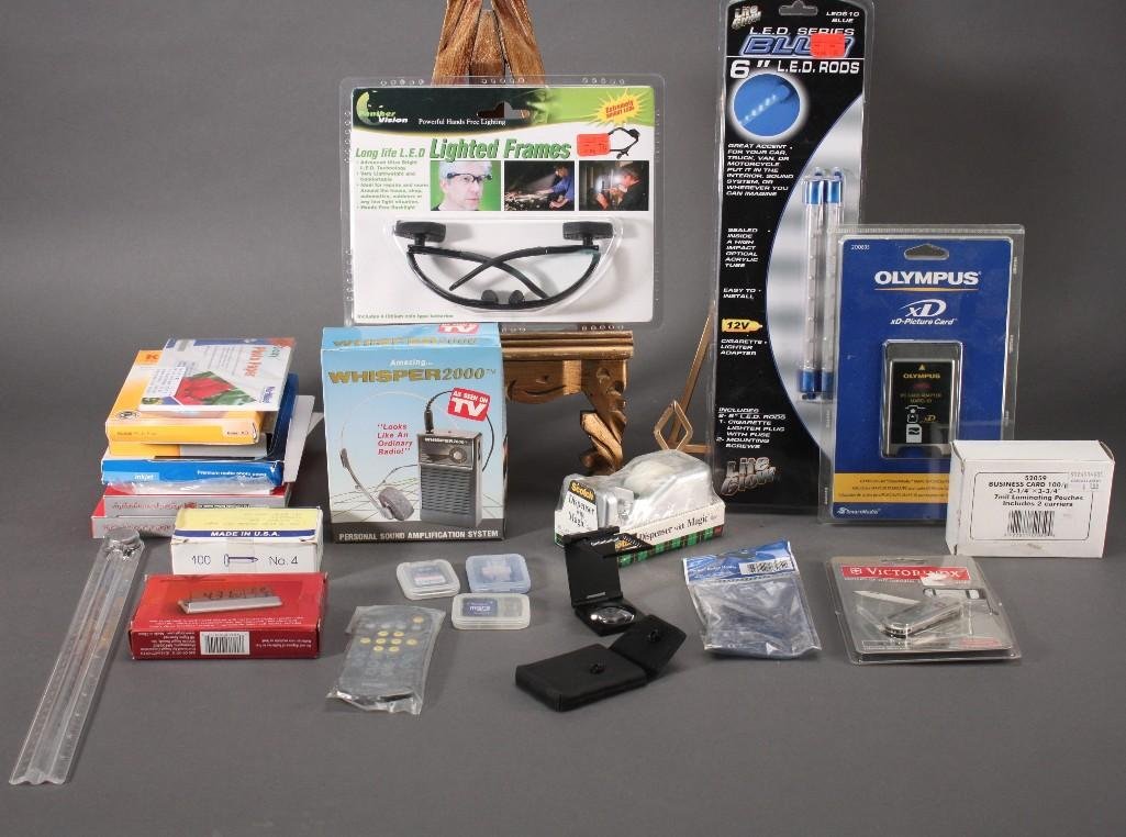 Office Supplies: Kodak picture paper, scotch tap and dispenser, Sonic Dish, clamp light, laminated business cards, and more