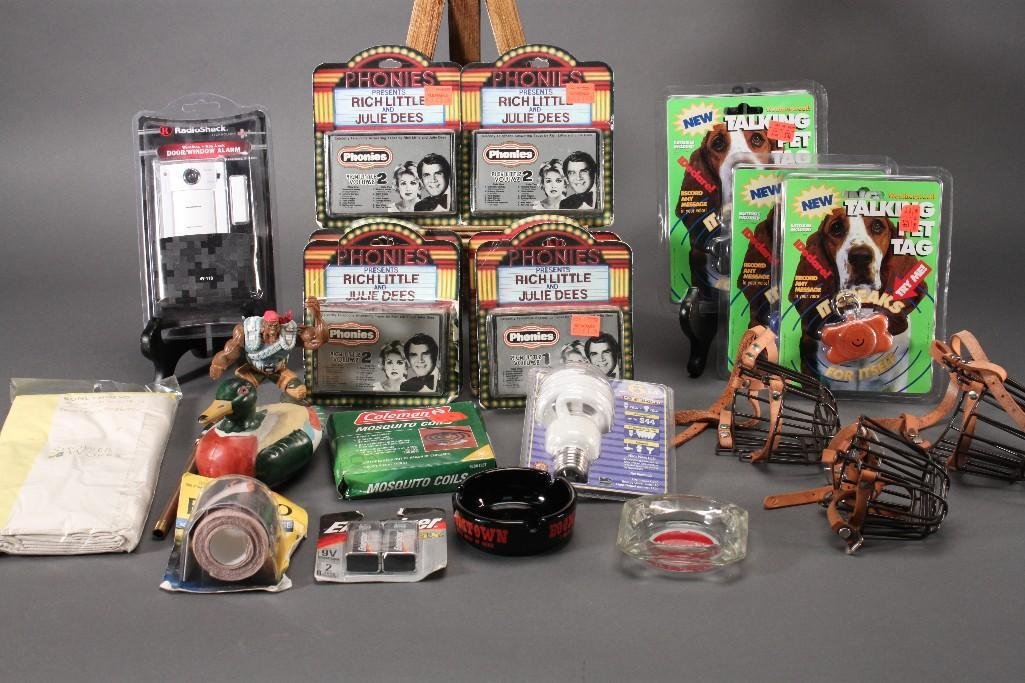 Vintage Collectibles and Home Goods: Boomtown and Harrah's ashtrays, talking pet tags, Rich Little & Julie Deescassette tapes. duck pin cushion, light bulbs, and more