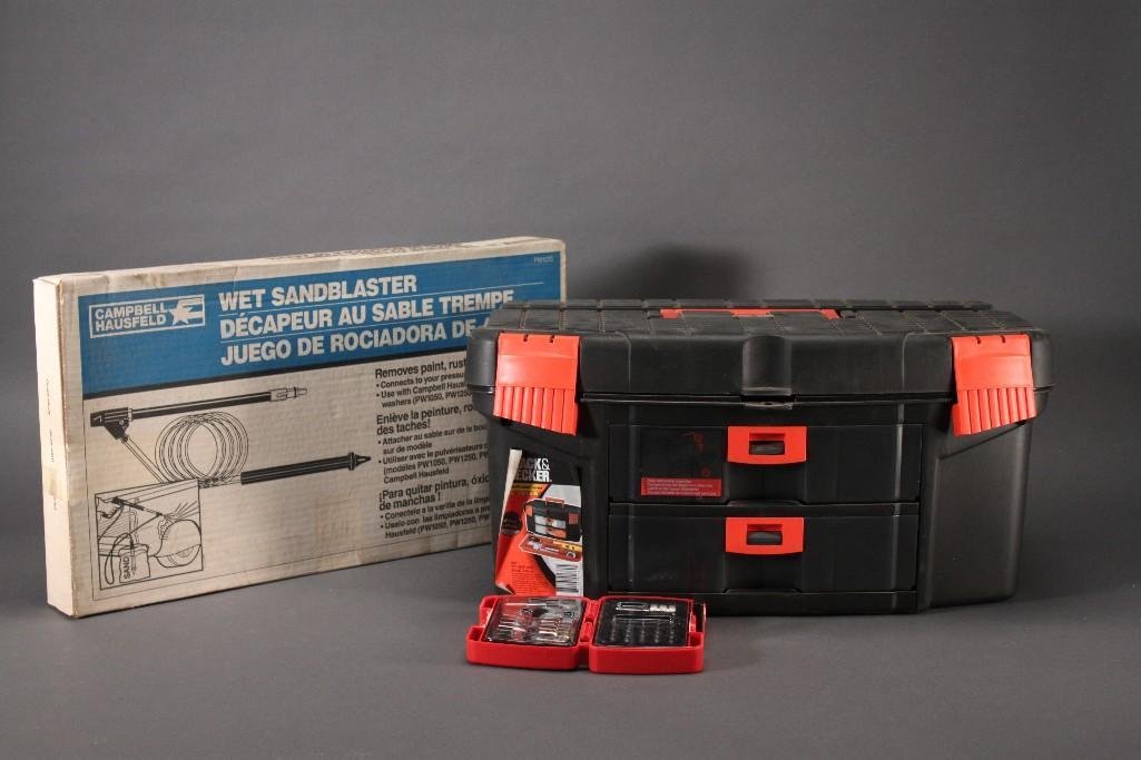 Tools & Tool Box: Black and Deck 20 tool box contents include hammer utilityblade, and more. Lot also include a Wet Sandblaster and Great Neck drill bit set (in case)