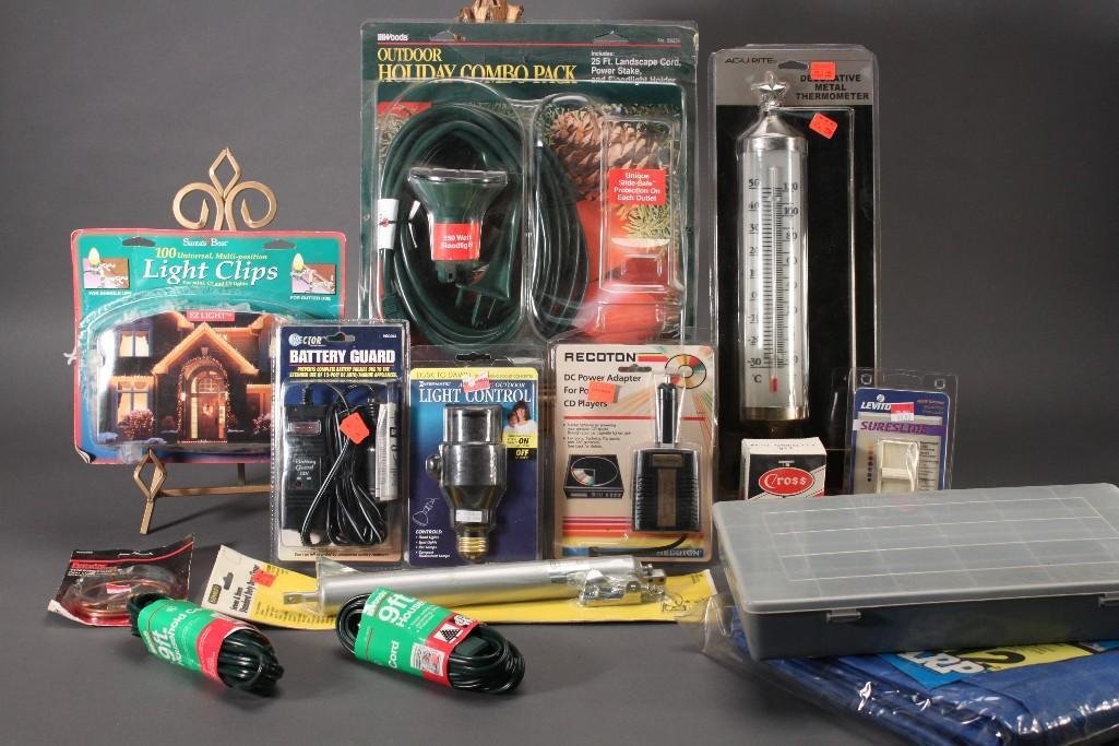 Christmas & Home Lighting Accessories: 100 multi positionlight clips, 150 watt floodlight, decorative thermometer, 9 ft household cords, and more
