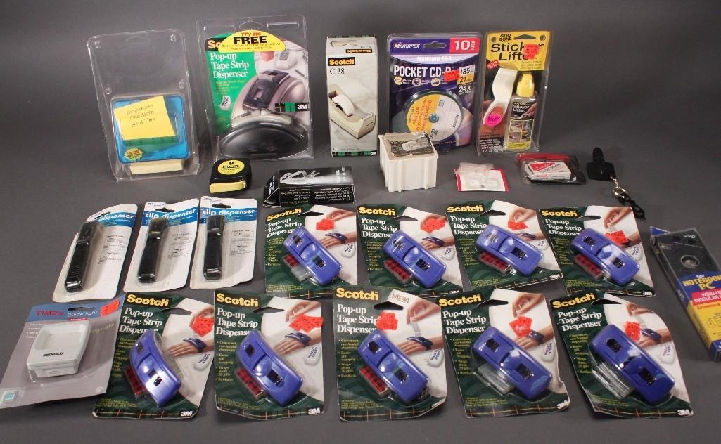 Office Supplies: Scotch Pop Up tape strip dispenser, pocket CDR, scotch tape dispenser, mini stapler, and more