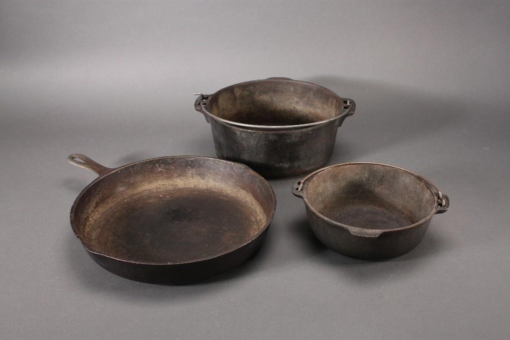 Vintage Cast Iron Cook Ware (3): 8" diameter cast iron pot, 5 quart cast iron pot, and a 12" frying pan (bottom marked 10 D)