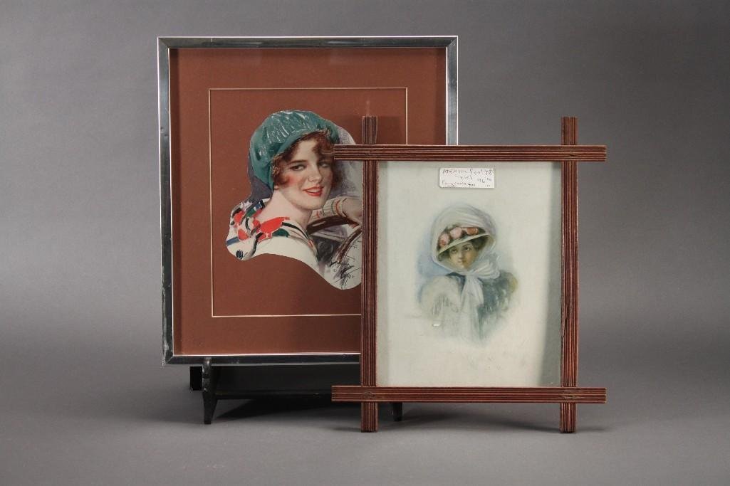 Vintage Framed Prints (2): Atkinson Fox 1908 signed lady print signature is illegible12.5"x 10.5", and a Harrison Fisher signed lady print with metal frame measures 16" x 14.5"