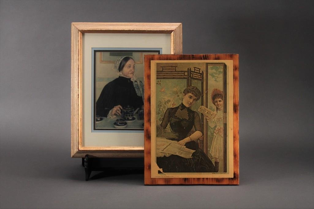 Vintage Artwork (2): 1972 Hickory Plaque Inc. J. Ottmann, Lith. Puck measuring 15.5''x11'' and a framed pilgrim woman 17''x14'' in good condition.