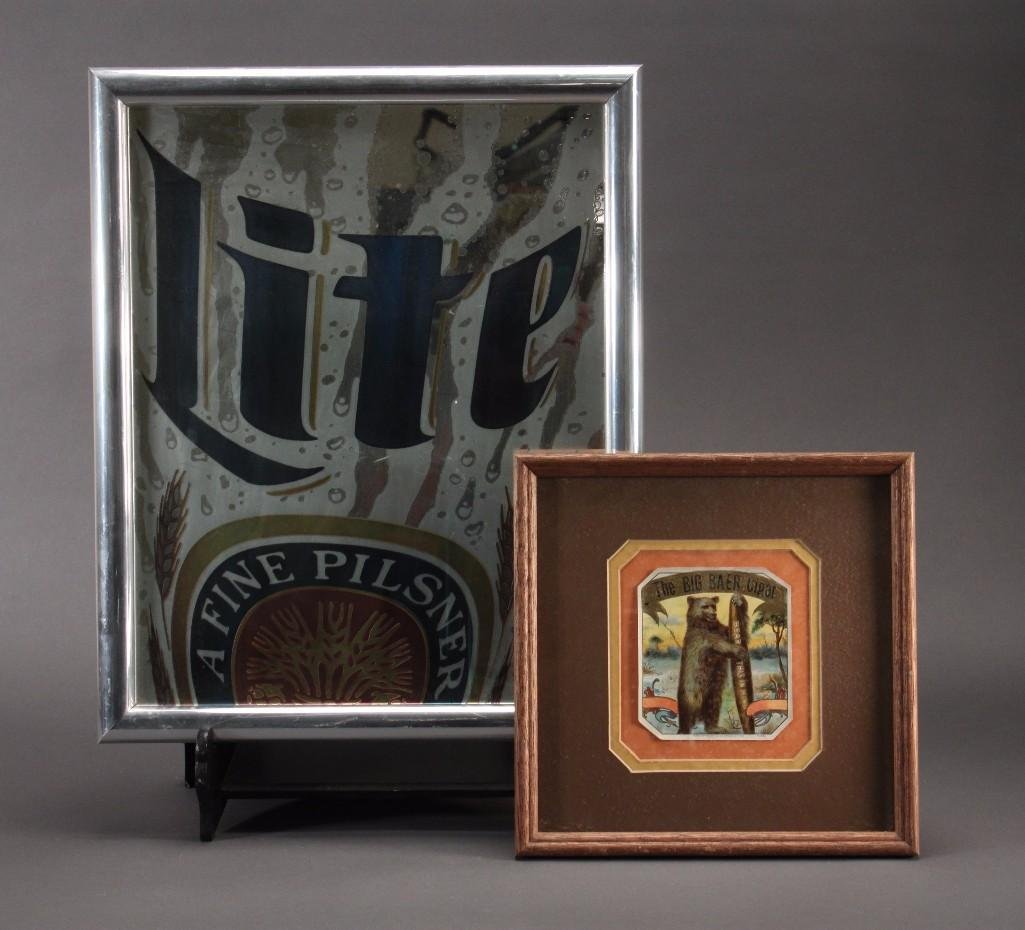 Beer and Cigar Framed Advertisements (2): The Big Baer Cigar framed advertisement measures 11''x11'' and a Fine Pilsner Lite Beer advertisement with metal frame measures 15''x19.5''.