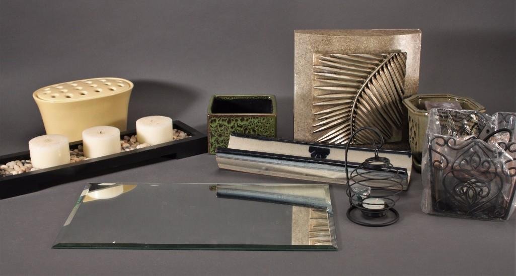 Home & Garden Decor (8): Ceramic planters, metal candle holder, decorative candle display, palm wall hanging, and more.