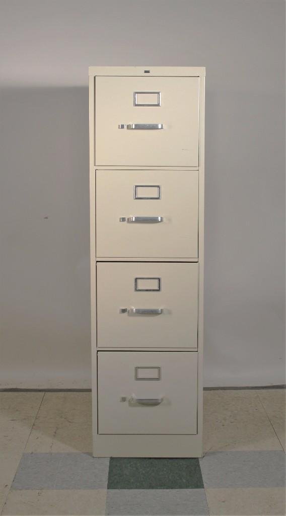 HON Metal Filing Cabinet: 4 drawers, measures 15" x 26.5" x 52", in good used condition,with some hanging files.