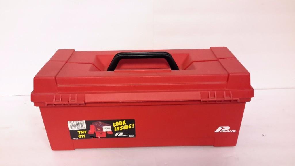 Plano Tool Box: Red Plano tool box with removable tray, model TNT611. No contents inside toolbox.