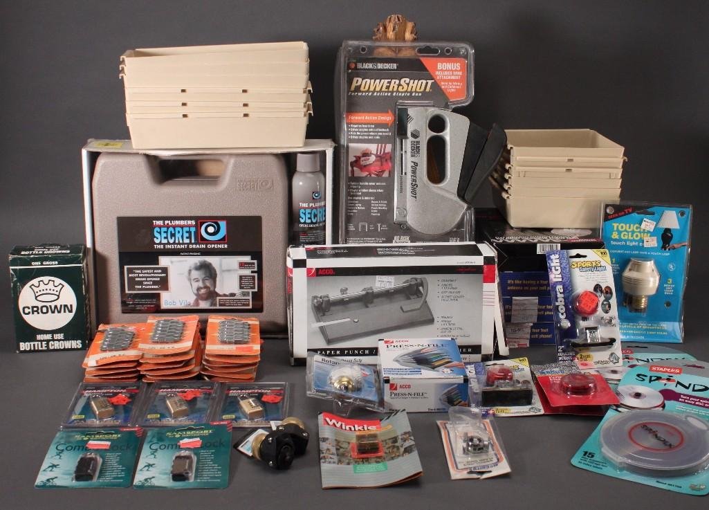 Hardware and Small Electronics: Plumbers Secret Instant drain opener (NIB), Black & Decker Powershot staple gun, Touch Glow Touch lamp switch, sports safety light, Internal cell phone antennas, plastic storage compartments, and more
