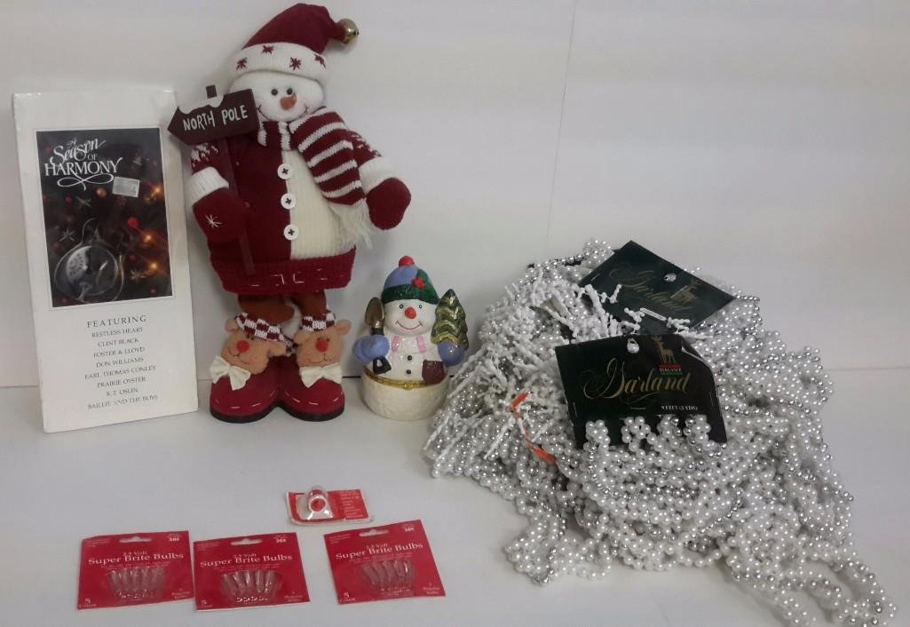 Christmas Decor: 16" plush snowman figure, beaded Christmas ornaments, trinket box, and more.