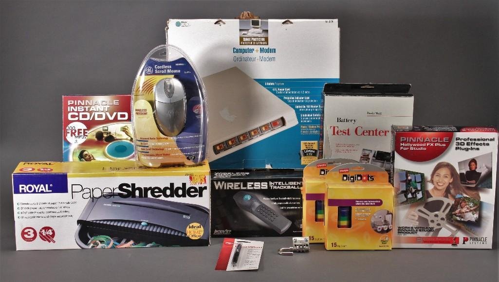 Office Supplies: Royal paper shredder model JS1100 (Top Piece only), computer modem made by woods model 5174, battery test center, cordless scroll mouse, Pinnacle instant CD/DVD, and more