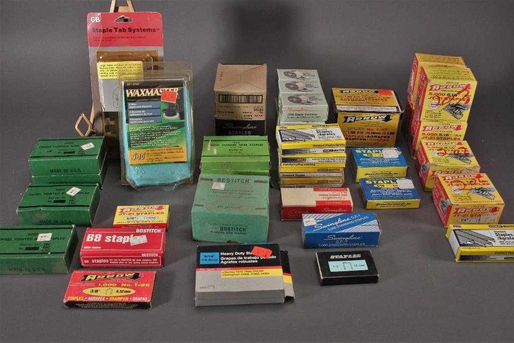 Hardware: Assorted staples (Arrow 5,000 5/16'' staples, Stanley standard staples, Chisel pointed wire staples similar to 34C, Swinglinestandard staples, and more), staple tab system, Waxmasterwax bonnets 9''-10