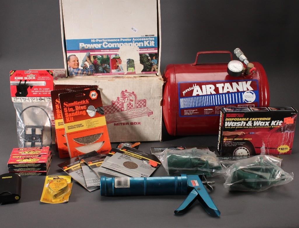 Portable Air Tank/Tools & Accessories (25): Midwest Products portable air tank, sanding discs, Stanley estimator, wash and wax kit, power companion kit, Craftsman miter box and more.