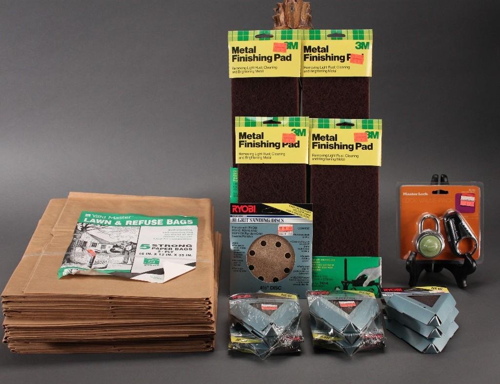 Home Goods: Reusable paper lawn bags, metal finishing pads, sanding discs, master lock, and much more.