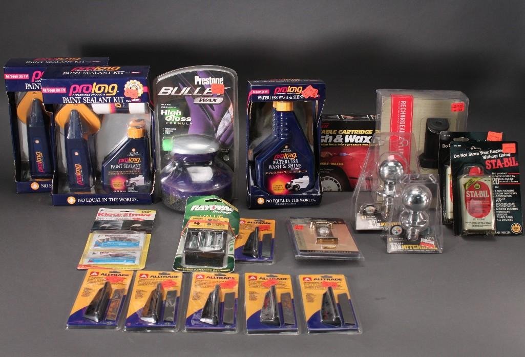 Car Care Supplies: PrestoneBullet Wax System, ProLongWaterless Wash & Shine, ProLong PaintSealant Kit, Big Boy 1 7/8" pick up balls (2), Sta-Bil Gas Stabilizer, and more. Most are in original packaging. CAN NOT BE SHIPP
