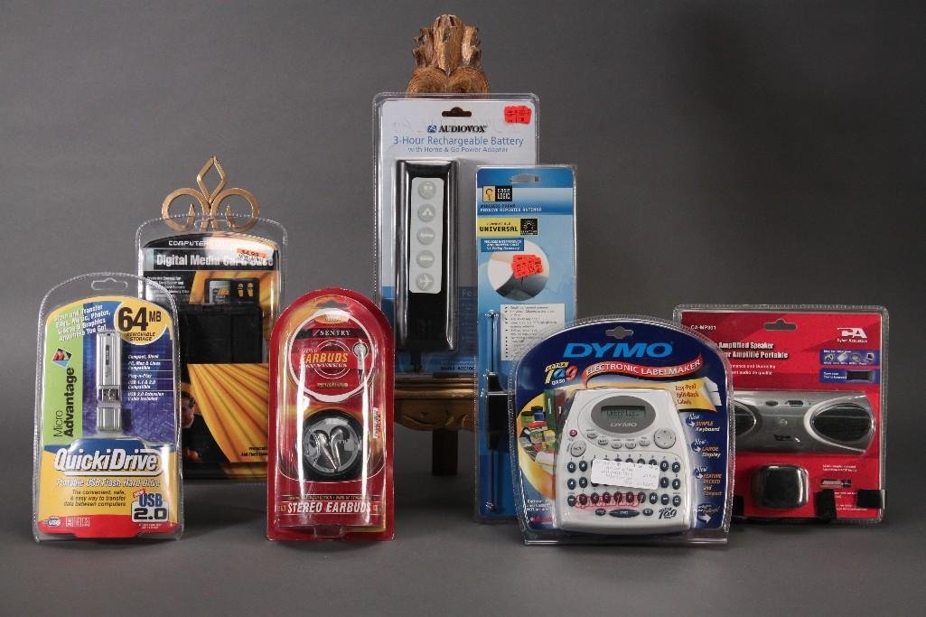 Office Supplies: Portable amplified speaker, Sentry stereo ear buds, Dymo electronic label maker, Quicki Drive portable USB flash drive,Audiovox3-hour rechargeable battery with home and go power adapter, and more.