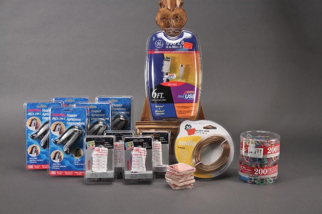 Picture Frames and Office Supplies: Assorted picture frames, paper clips, five Boston staplers, stamps, speaker wire, and more.