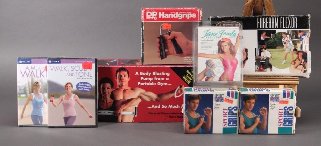 Workout Equipment: DP handgrips, CompacGym full body workout set, two boxes of Sport Works spring grips, workout DVDs, and more.