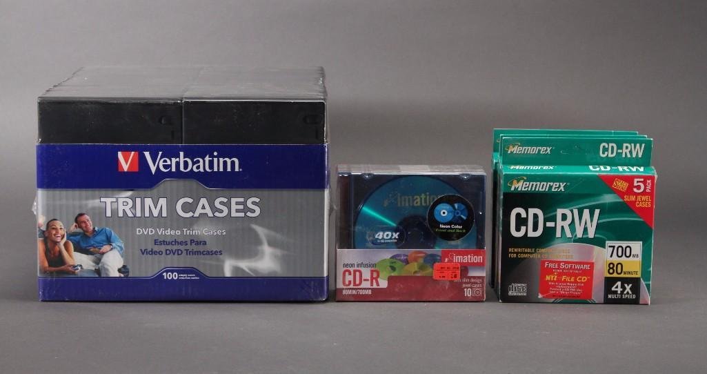 CD-RW's and DVD Trim Cases: Three packs of CD-RW's700MB4X multi speed, pack of Imation CD-R cases (10 pack), and Verbatim trim DVD cases (100 pack). All items are new in original packaging.