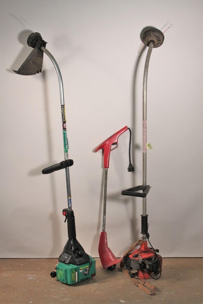 Yard Trimmers (3): PowerPro 17" Cut/32cccurved shaft clutch drive trimmer, model no. SMH032UB24RA, good condition. Echo GT-200 gas powered trimmer, used condition. Small electric trimmer, model no. 51230, used condition