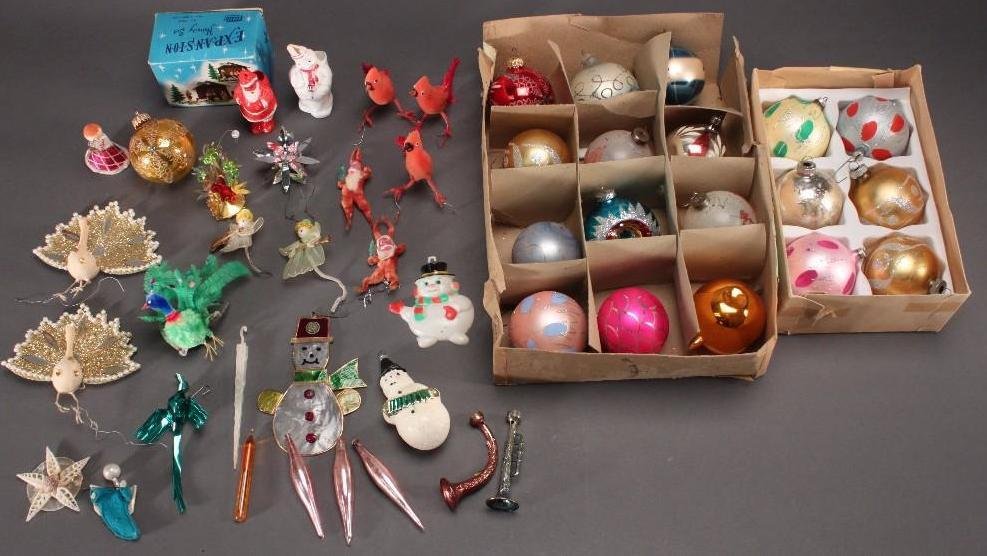 Vintage Christmas Ornaments and Decorations: Vienna Christmas tree ornaments hand crafted in Europe by Shiny Brite (one shows some wear to the paint but others are in good condition), a box of hand painted glass ornaments by Santa Novelties Inc