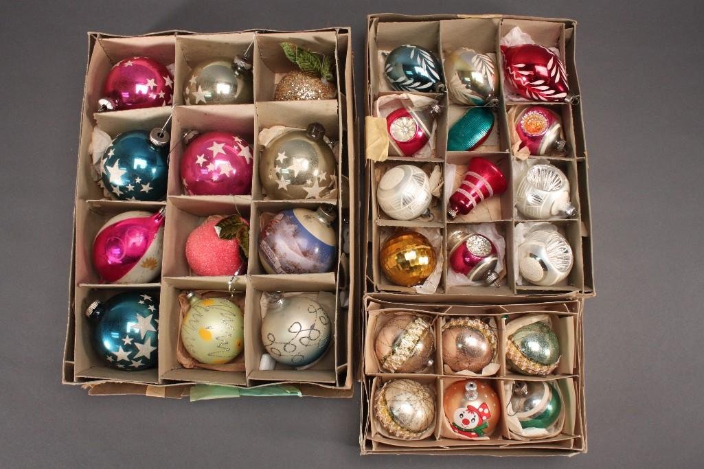 Vintage Christmas Ornaments (3 boxes): One box of six hand painted glass ornaments, one box of Shiny Brite hand painted glass ornaments, and one box with twelve hand painted glass ornaments. Made in Italy, Germany, and West Germany. Show s