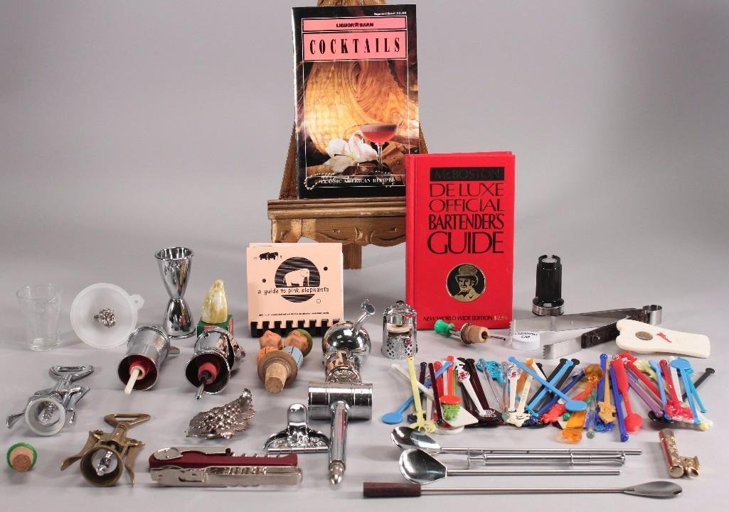 Vintage Barware: Decorative corks, armor helmet pour spout, various other spouts, corkscrews, stirring spoons, shot glasses, collectible stir sticks, cocktail recipe books, and more.