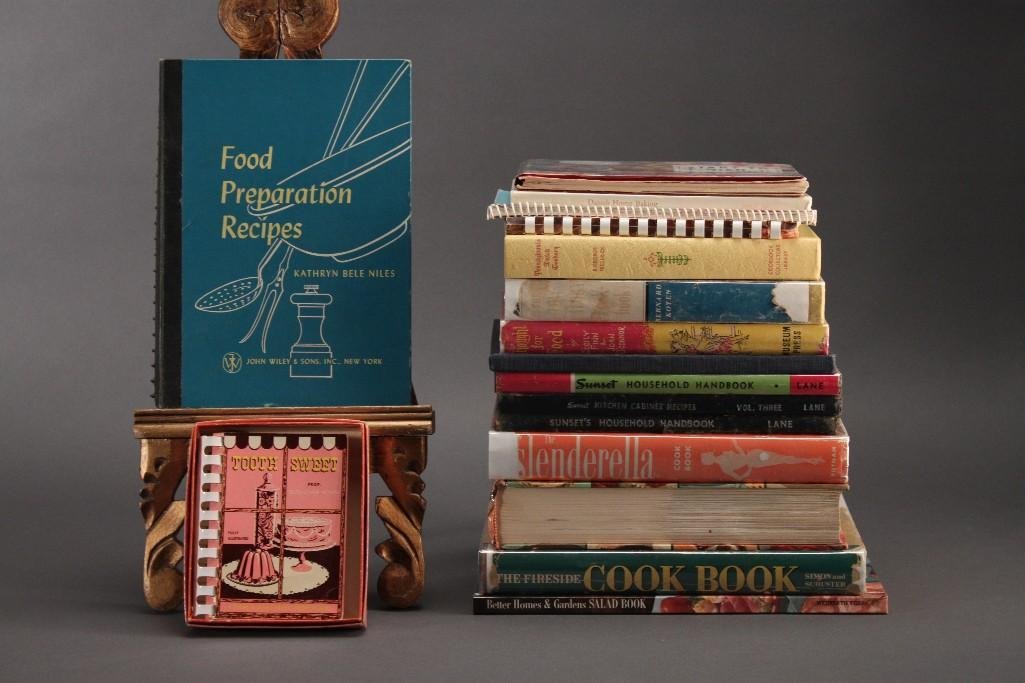 1930's. 40's, and 50's Cookbooks (17): The Fireside Cookbook, Sunset Household Handbook, Praise for the Cook, Tooth Sweet, Better Homes and Gardens Salad, and more.