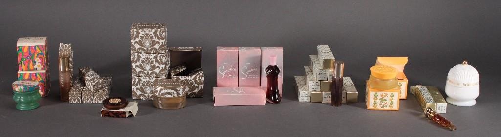Vintage Avon Perfume and Cream Sachets (32): Avon Hawaiian white ginger creamsachet, Some Where perfume oil, Honey Suckle cream sachet, brocade perfume roller, fashion perfume glace, and more.