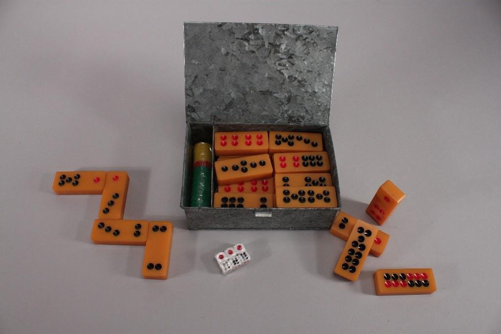 Bakelite Domino Set: Bakelite domino set, plastic chips. and small dice in a metal box.