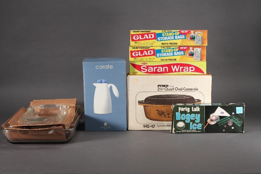 Kitchenware: Glad Seran wrap, Bogey Ice, casserole dish, coffee pot, and more.