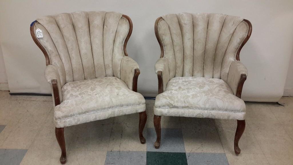 Floral Design Upholstered Chairs (2): Wood framed chairs, cabriole front legs, show signs of age and wear, cream colored floral design, 38'' tall.