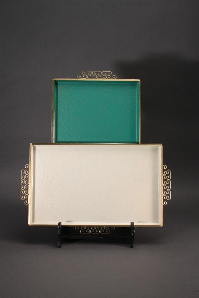 Vintage Mid Century Kyes Hand Made Moire Glaze Platter: Tan tray measures 19''x11'' and the green tray measures 22''x12''. Both items are new in good condition.