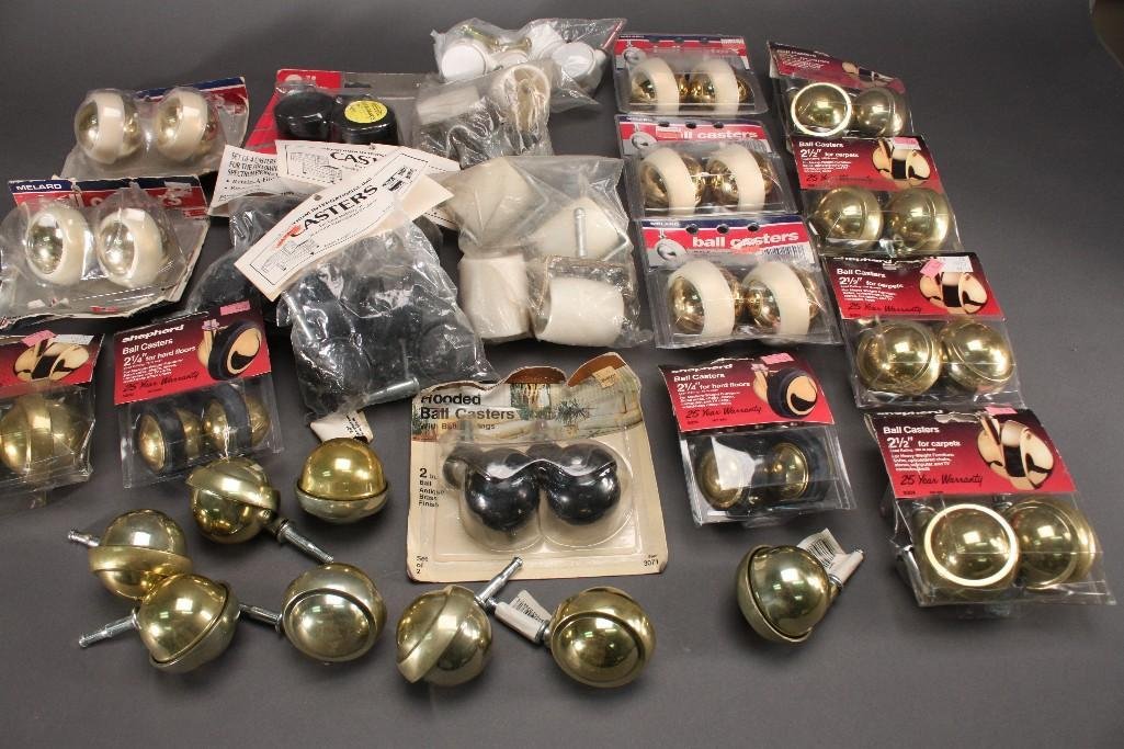 Assorted Casters: Ball casters, hooded ball casters, 2.5'' ball casters for carpets, set of 4 casters for spectrum products, and many more assorted casters. Some are new but all are in good condition.