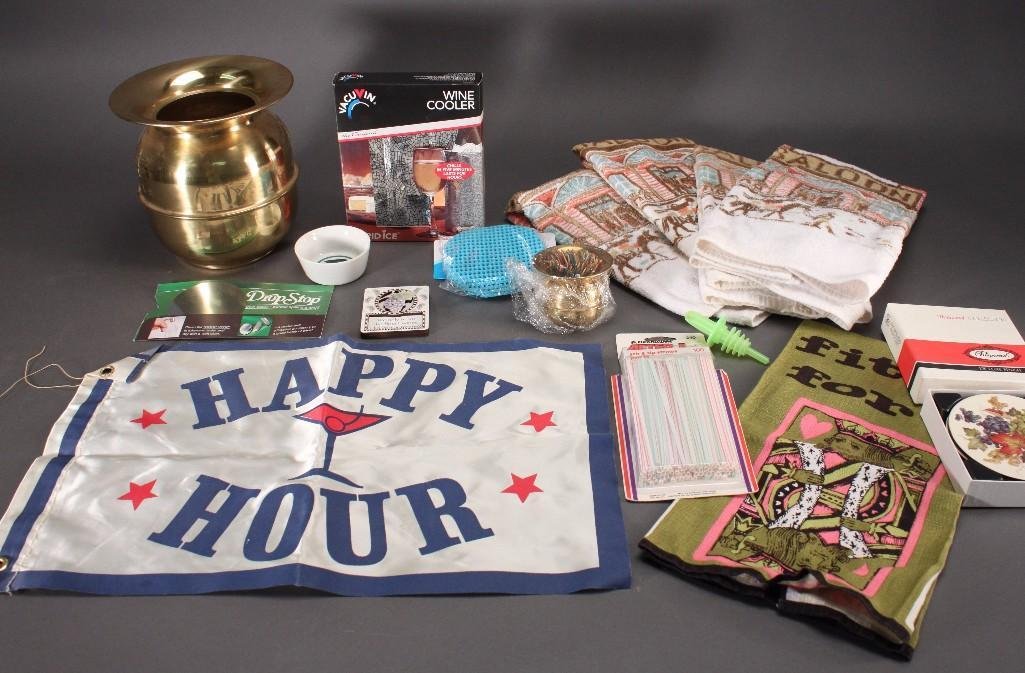 Kitchen Items: Vacuvin wine cooler, five kitchen towels, Traditional Collection De Luxe Finish coasters, stir and sip straws, tooth picks, and more.