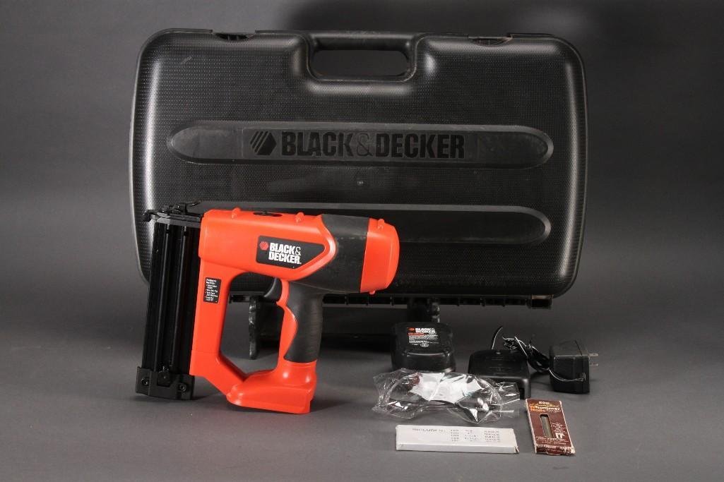 Black & Decker Staple Gun in Case: Model no BDBN1200 type 1, in black carrying case, includes charger, battery, and staples.