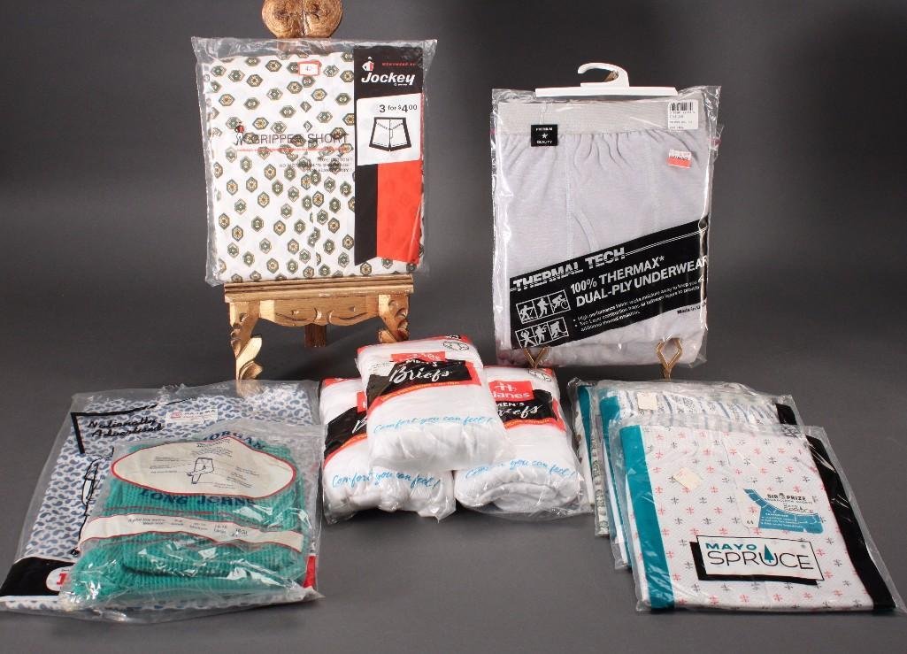 Men's Boxers and Briefs: Three packs of Hanes 3pk briefs size 4, Jockey boxers size 42, two packs of Thermal Tech underwear size large, and more.