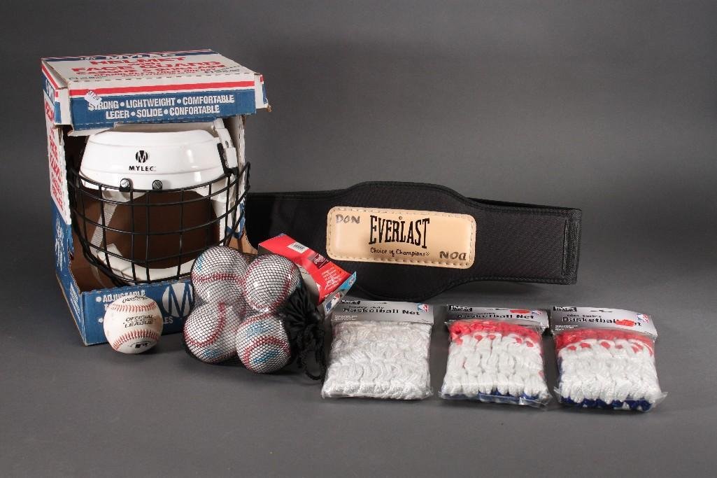 Sports Accessories: One heavy duty basketball net and two NBA series basketball nets, Everlast weight lifting belt, Mylechelmet with face guard,and Rawlings t-balls.