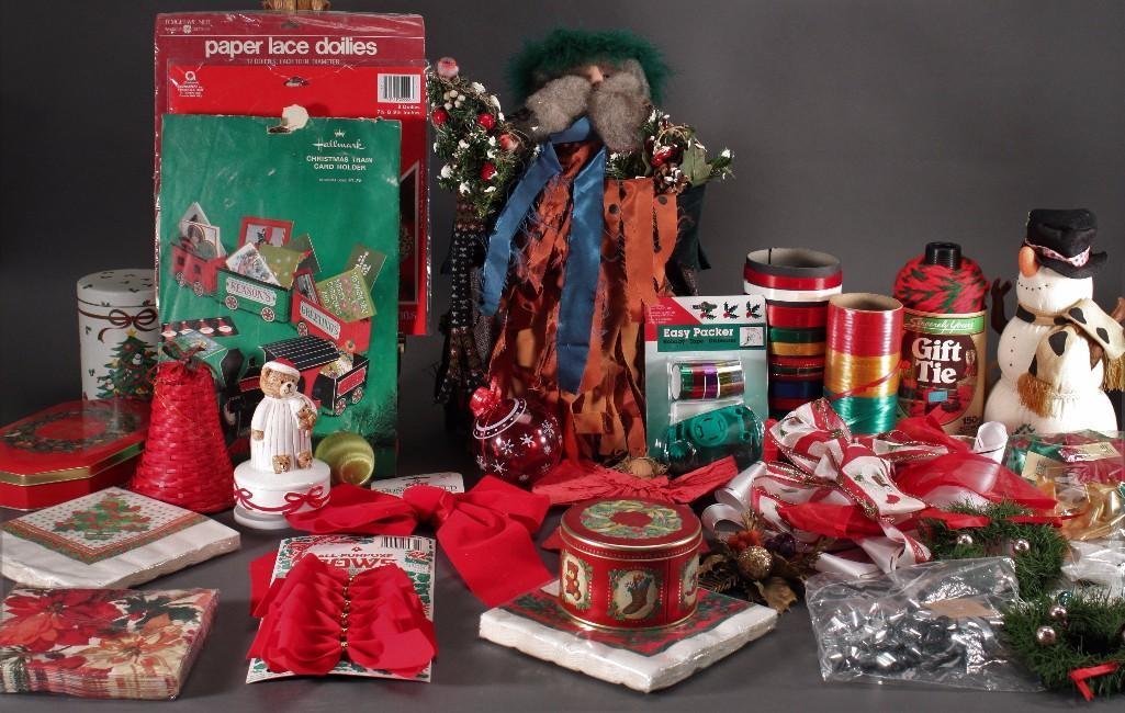 Vintage Christmas Decor and Supplies: Christmas bows, decorative Christmas tins, yarn, plates, all purpose bows, tape, Santa tree topper, Christmas decorations, and more.